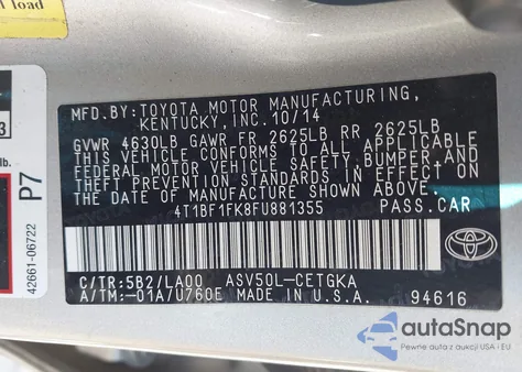 2015 Toyota Camry Xle from USA, damaged, VIN 4T1BF1FK8FU881355
